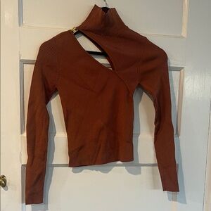 Zara Rust Brown Asymmetric Cutout Ribbed Long Sleeve Top